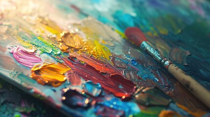 Obraz premium Artist's essentials: vibrant paints, a variety of brushes, and a mixing palette ready for creativity