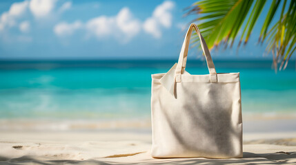 Serene Beach Scene with Elegant Tote Bag on Sandy Shore