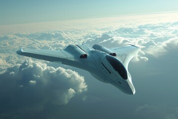 A white jet plane is seen flying at a high altitude through a sky filled with fluffy white clouds...