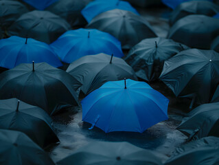 Blue Umbrella Standing Out in a Sea of Black Umbrellas