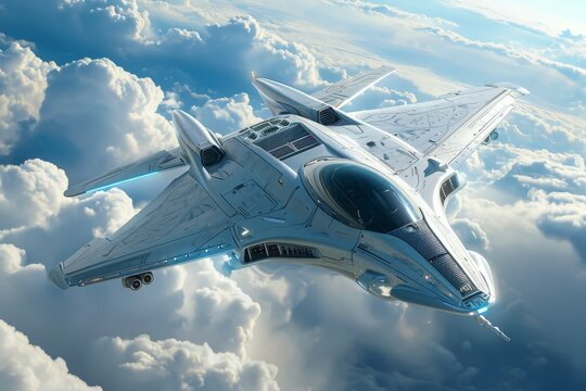 A fighter jet soars through the cloudy sky, showcasing its speed and agility, A futuristic fighter aircraft hovering in the sky, AI Generated