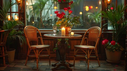 Fototapeta na wymiar Exclusive dinning room, one table, two chairs, romantic vibes, with candles on table