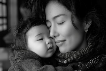 photo black and white color of Asian mother holding her baby in arms with love and care, mom and son or daughter closeup portrait, happy cheerful tender moment, Generative Ai