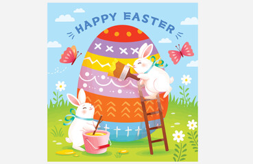 Easter holiday, which is depicted with a vector illustration of rabbits and eggs that have been painted with cute motifs
