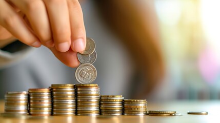 Stacking coins and counting on a table in close-up.