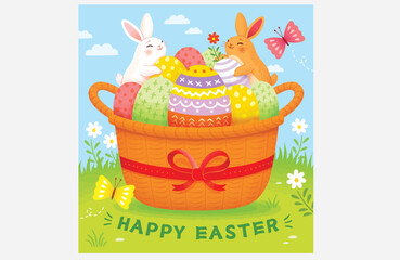 Easter holiday, which is depicted with a vector illustration of rabbits and eggs that have been painted with cute motifs