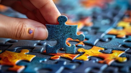 Puzzle: A person solving a jigsaw puzzle - obrazy, fototapety, plakaty