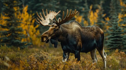 Regal moose strides through dense Canadian forest