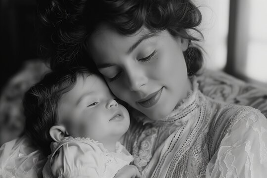 60s vintage photo black and white color of mother holding her baby in arms with love and care, mom and son or daughter closeup portrait, happy cheerful tender moment, Generative Ai