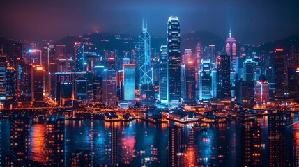 Technology: A futuristic city skyline illuminated by neon lights
