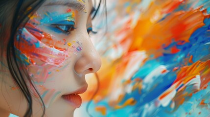 Young artist painting with vibrant colors, creating abstract masterpiece - obrazy, fototapety, plakaty