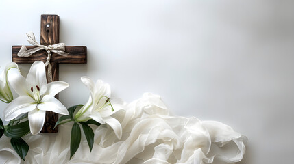 This Christian religious template features a wooden cross with white lilies and silk ribbon, perfect for religious events and celebrations. - obrazy, fototapety, plakaty