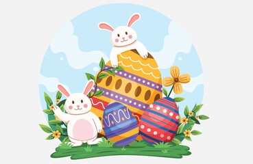 Easter holiday, which is depicted with a vector illustration of rabbits and eggs that have been painted with cute motifs