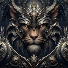 Close-up of a lion in intricate armor, grand fantasy art.