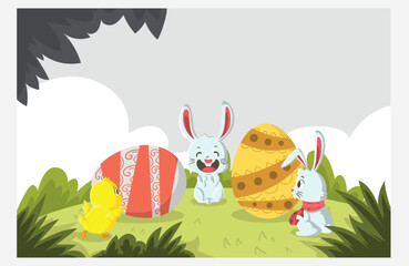 Easter holiday, which is depicted with a vector illustration of rabbits and eggs that have been painted with cute motifs