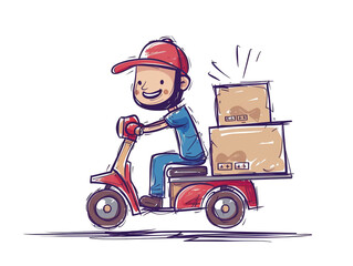 A hand-drawn happy delivery man cartoon. Stick figure kid's cartoon illustration. Isolated on a white background.
