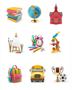 Illustration of various school and educational objects on a white background, Generative AI image.