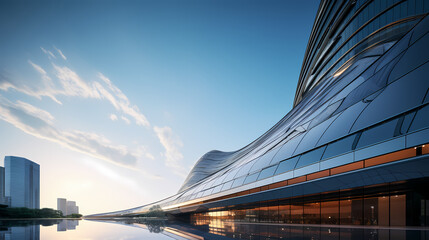 Low angle view of futuristic modern building, corporate office building skyscraper