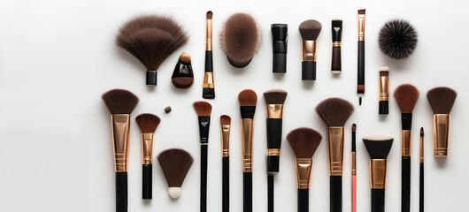 Diverse beauty arsenal! Visualize a variety of makeup brushes against a white background GENERATIVE BY AI - obrazy, fototapety, plakaty