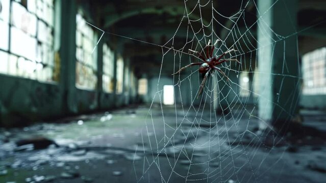 Spider inside uninhabited empty building. seamless looping 4k time-lapse video background