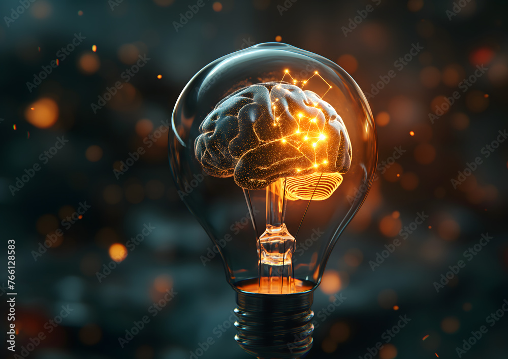 Wall mural Illuminating Human Brilliance: Conceptual Brain Light Bulb on Dark Background