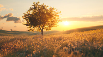 Naklejka na ściany i meble Golden Hour Serenity - Solitary Tree in a Sunlit Field