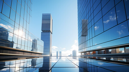 Fototapeta na wymiar Low angle view of futuristic modern building, corporate office building skyscraper
