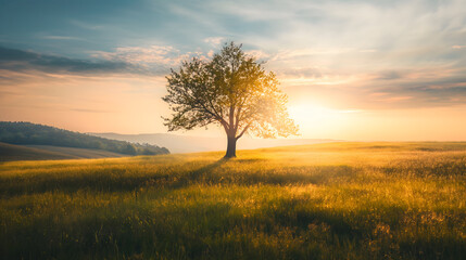 Obraz premium Majestic Lone Tree in Golden Wheat Field at Sunset