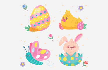 Easter holiday, which is depicted with a vector illustration of rabbits and eggs that have been painted with cute motifs