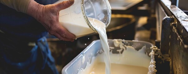 Farmers pour raw milk into containers, and it is ready for the next process