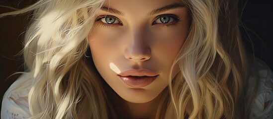 a close up of a woman s face with blonde hair and blue eyes . High quality - obrazy, fototapety, plakaty