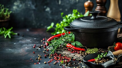 Fresh herbs, spices, and delectable cooking in a cast-iron pot  - obrazy, fototapety, plakaty