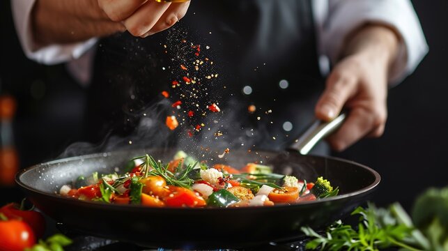 A chef is preparing vegetables against a backdrop of black pans. 
