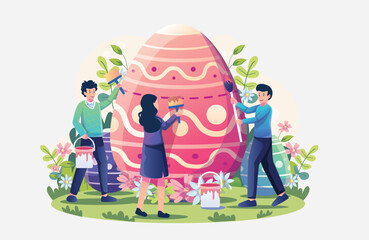 Easter holiday, which is depicted with a vector illustration of rabbits and eggs that have been painted with cute motifs