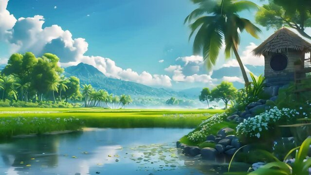 Idyllic tropical landscape with a thatched hut, palm trees, lush greenery, and mountains under a blue sky with fluffy clouds.