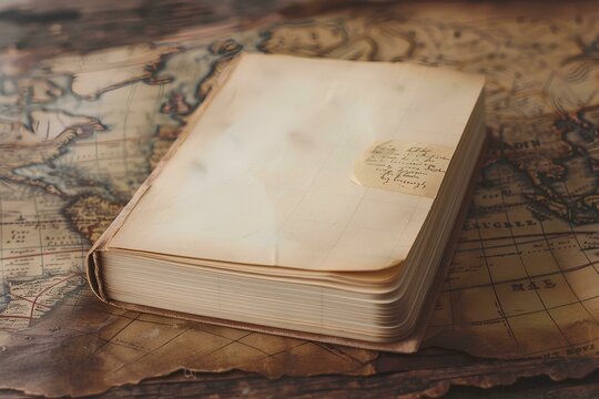 Vintage book and old map on old paper background on table, travel concept