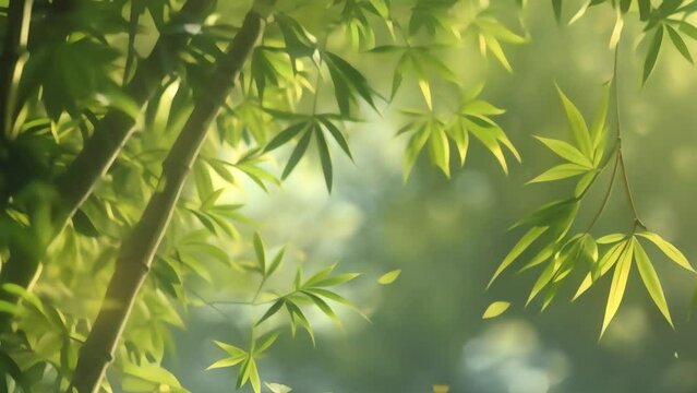 Sunlight filtering through fresh green bamboo leaves, creating a tranquil and natural background.