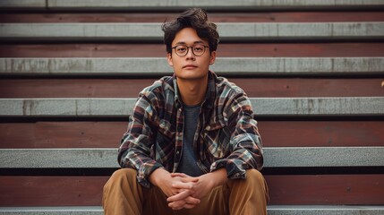 Men are seated on stairs.