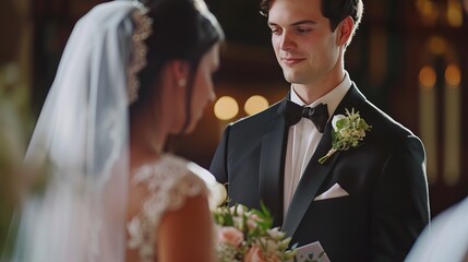 Close-Up Cinematic Shot of Groom Adoringly Gazing at Bride During Wedding Vows