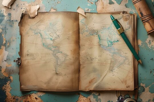 Vintage pen and old map on old paper background on table, travel concept