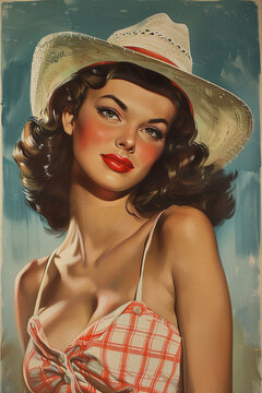 brunette cowgirl wearing red check bikini vintage old americana painting