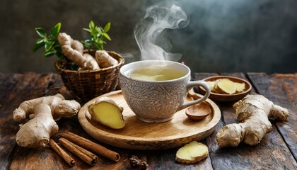 cup of hot tea with cinnamon sticks, a glass of water with lemons and ginger on a wooden table - obrazy, fototapety, plakaty