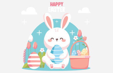Easter holiday, which is depicted with a vector illustration of rabbits and eggs that have been painted with cute motifs