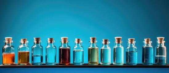 A row of glass and plastic bottles filled with various colored liquids, ranging from azure solutions to alcoholic beverages, displayed on a shelf - obrazy, fototapety, plakaty