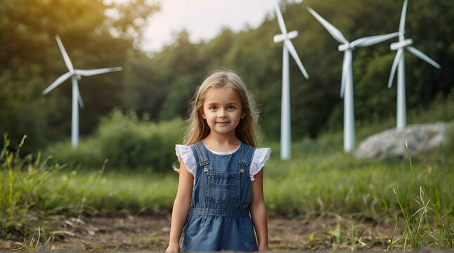 Little girl standing in nature with model of wind turbine. Concept of ecology future and renewable resources. generative.ai