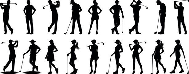 golfer silhouette, dynamic poses of golfers showcasing various swings, perfect for sports design, event promotion, and instructional content. Clear depiction of movement, technique, golfing prowess