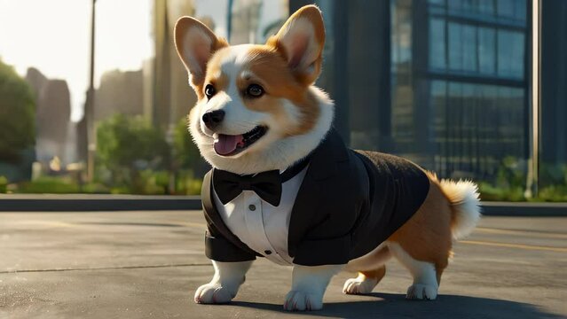 A 3D illustration of an adorable corgi wearing a black bow tie, smiling sweetly indoors, blending into the bright and serene interior environment.
