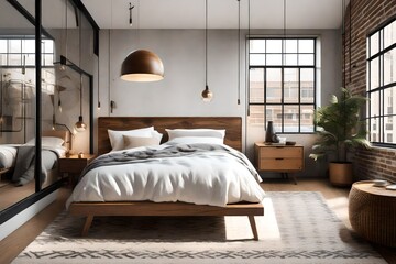 a loft bedroom with clean lines, statement lighting, and rich textures, capturing the mid-century modern aesthetic in a serene and chic space.