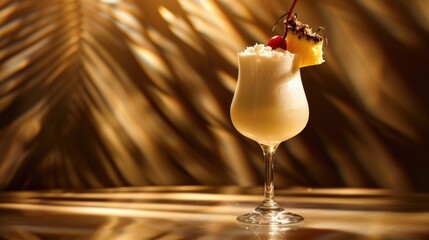 Fresh sweet pina colada cocktail. Coconut, rum and pineapple alcohol drink. Palm tree shadow background. Tropical beverage at summer bar. Tasty exotic liquor with white milk cream. Delicious smoothie. - obrazy, fototapety, plakaty