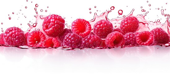 Raspberries, a vibrant fruit rich in antioxidants, are cascading into a glass of water, creating a...